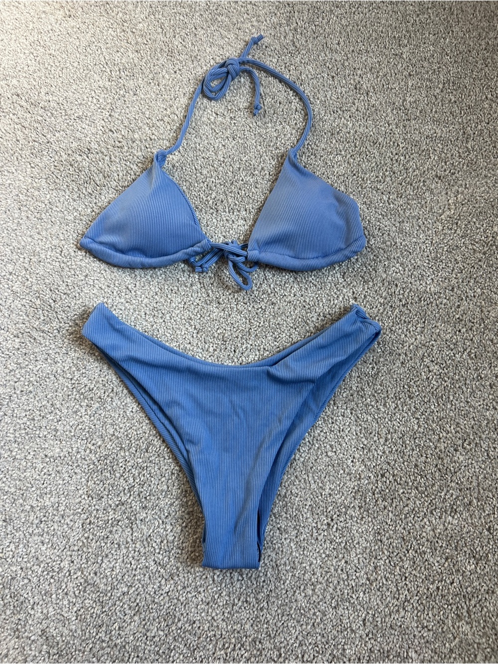 SHEIN Blue Ribbed Triangle Tie Bikini Set